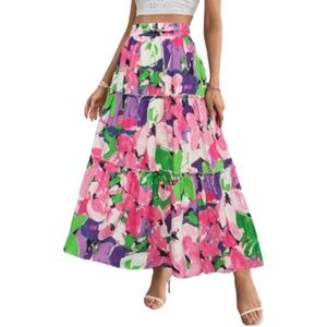 Women’s Floral Print Elastic High Waist Boho Maxi Skirt With Pockets Size Large